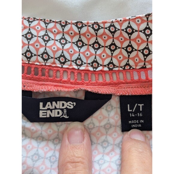 Lands' End Wrinkle Free Top Women's 14-16 L/T Orange Blue Tile Geo Coastal Prep - Picture 3 of 13